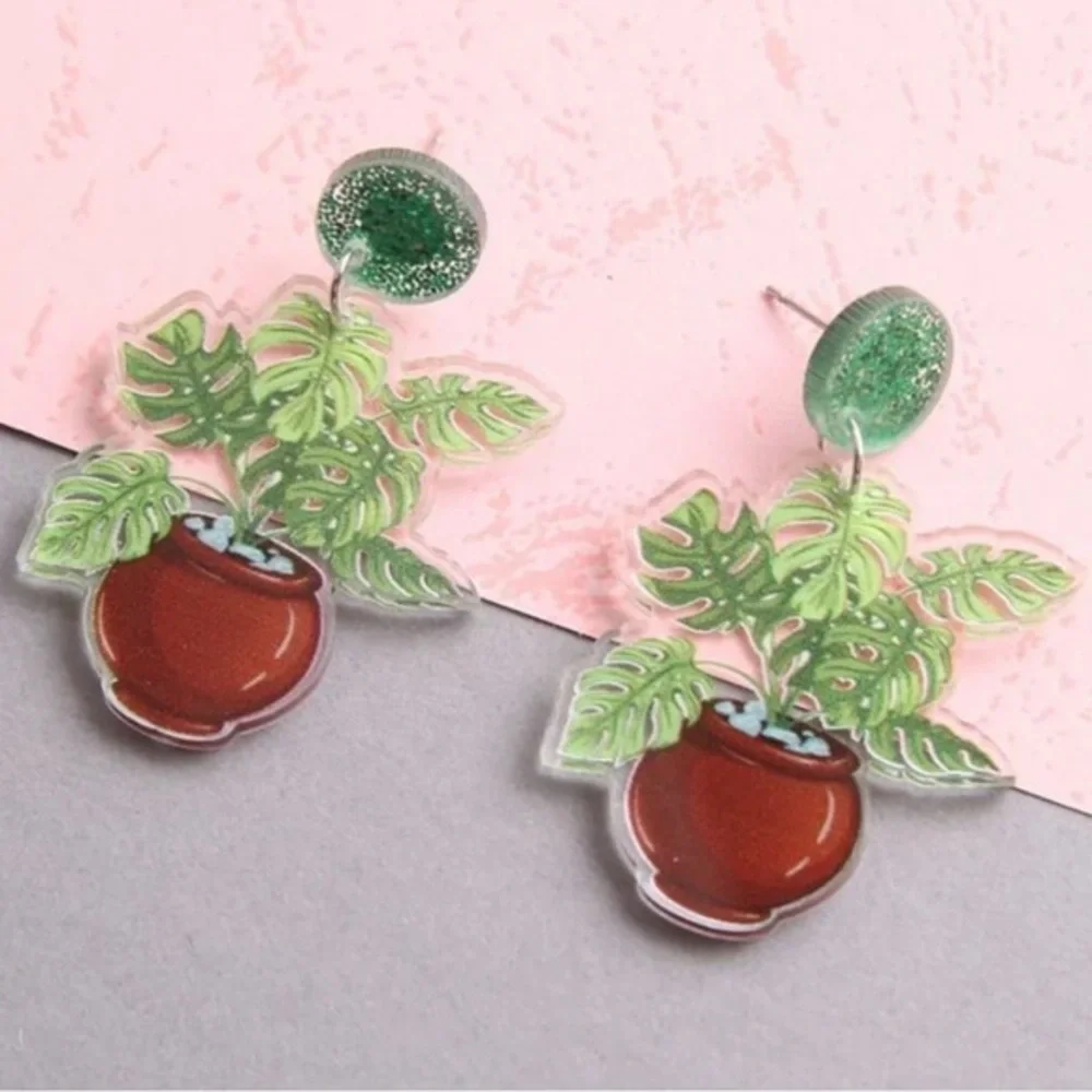 2/$30🌵 Monstera Leaf Potted Plant Earrings Acrylic Jewelry Plant Lady NEW